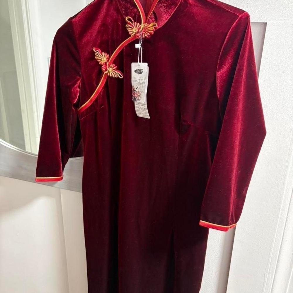 Huadieshang Burgundy Velvet Cheongsam Qipao Dress Mandarin Collar Red Gold L